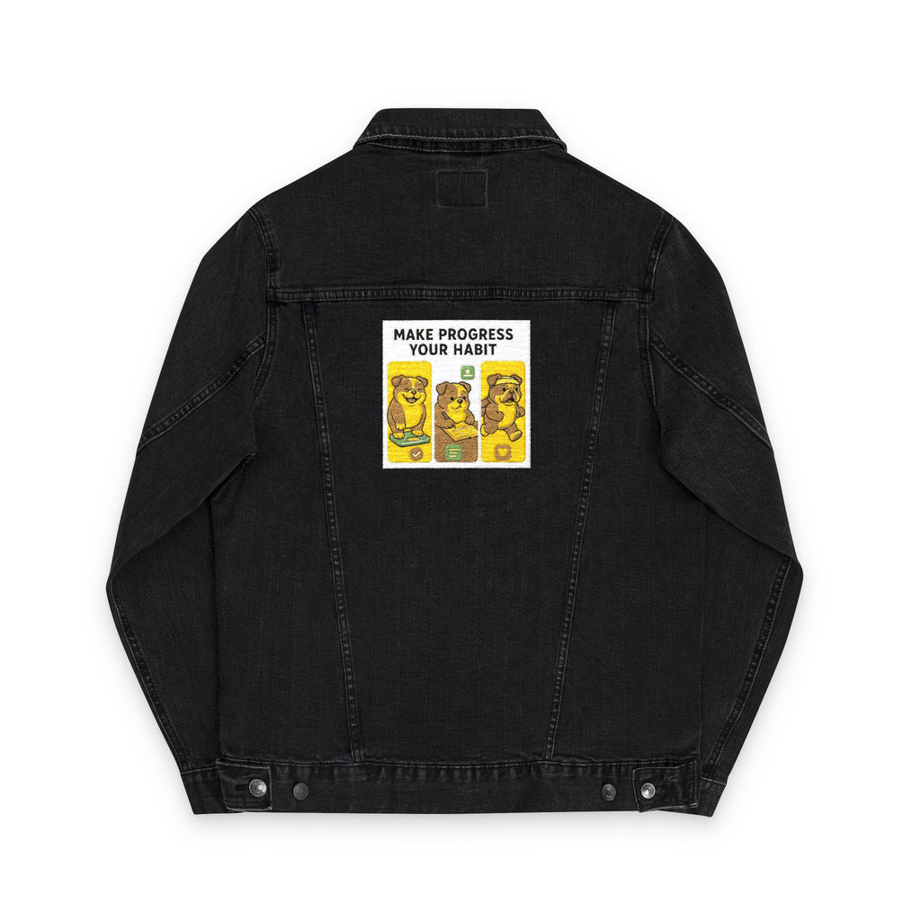 Unisex Embroidered Make Progress Your Habit Denim Jacket - Casual Streetwear, Gift for Friends, Customized Outerwear, Unique Fashion Piece, Ideal for Parties