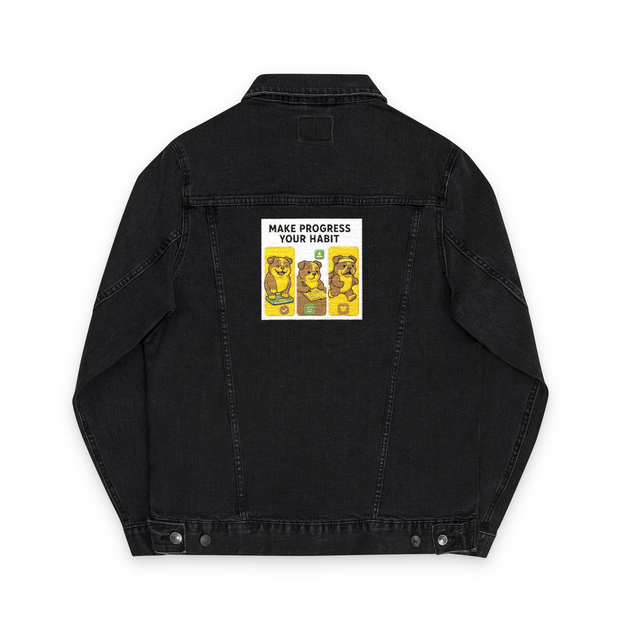 Unisex Embroidered Make Progress Your Habit Denim Jacket - Casual Streetwear, Gift for Friends, Customized Outerwear, Unique Fashion Piece, Ideal for Parties