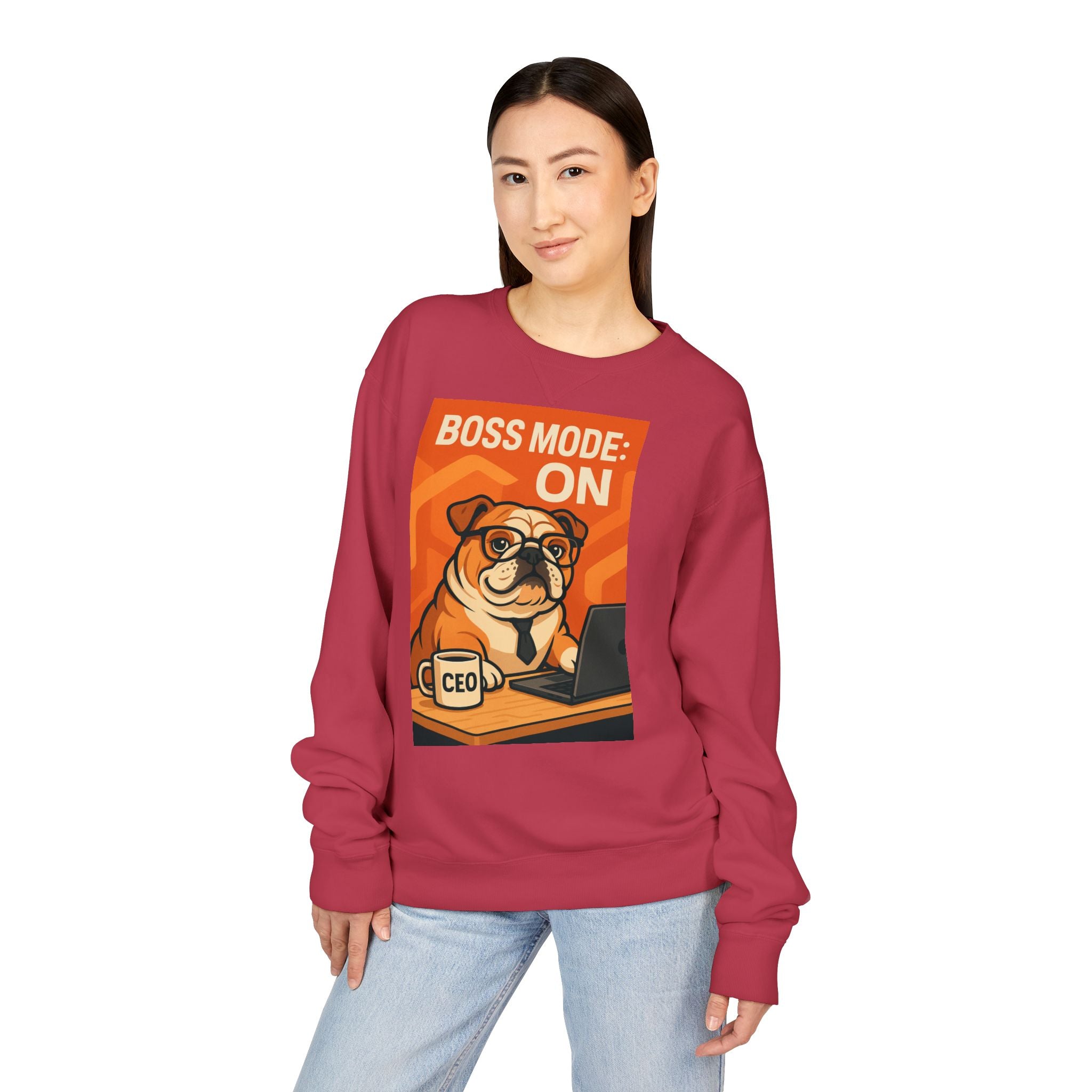 Funny English Bulldog Sweatshirt, Boss Mode Crewneck, Pet Lover Gift, Casual Wear, Unisex Sweater, Dog-Themed Apparel