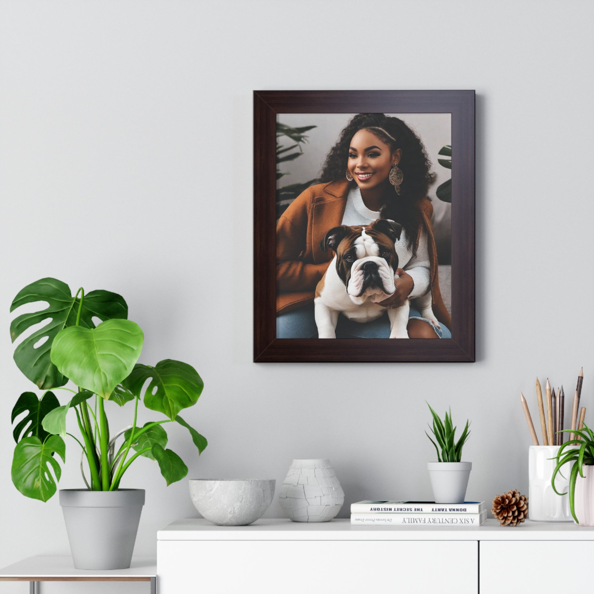 English Bulldog With His Beautiful Owner, Couch Potato, Cute Bulldog, Bulldog Lover, Framed Vertical Poster