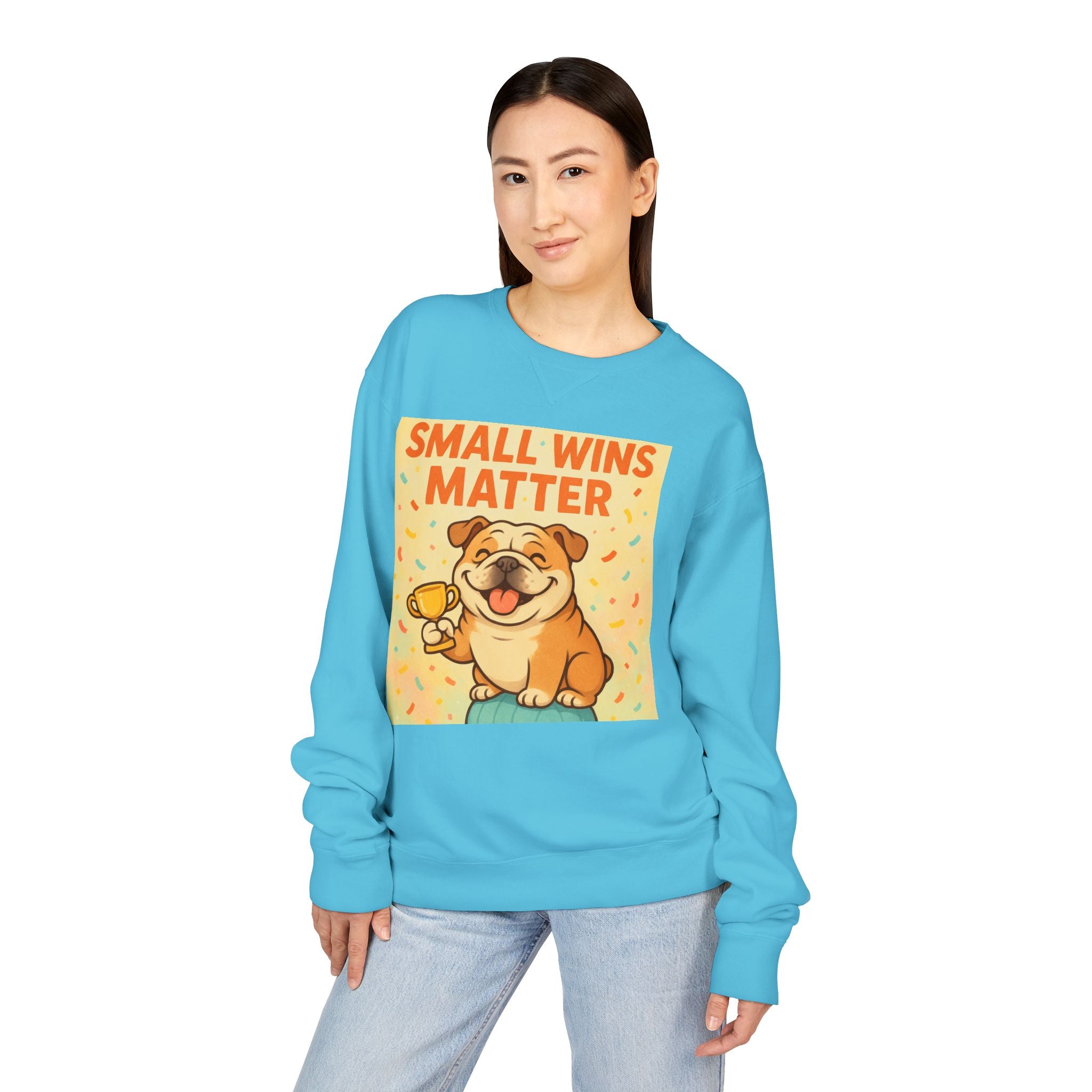 Celebrate Small Wins Sweatshirt, Cozy Crewneck Top for English Bulldog Lovers, Inspirational, Motivational Apparel, Ideal for Casual Days