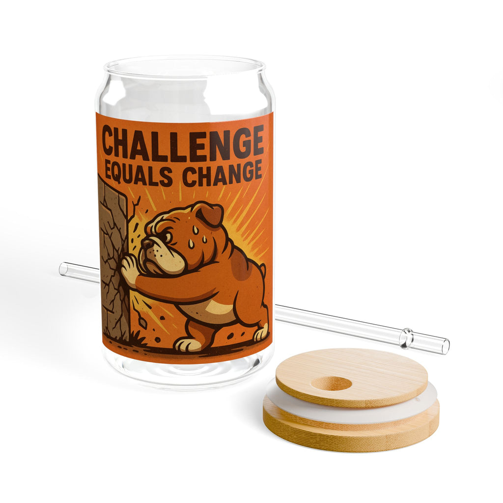 Challenge Equals Change Sipper Glass – Motivational 16oz Drink Jar with Bear Design