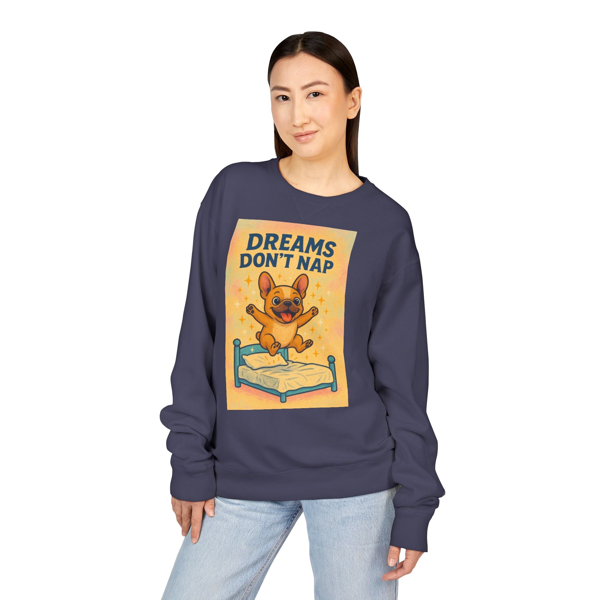 Dreams Don't Nap Sweatshirt, Cozy Crewneck, English Bulldog Lover Gift, Cute Sweatshirt, Fun Loungewear, Birthday Gift, Relaxing Homewear