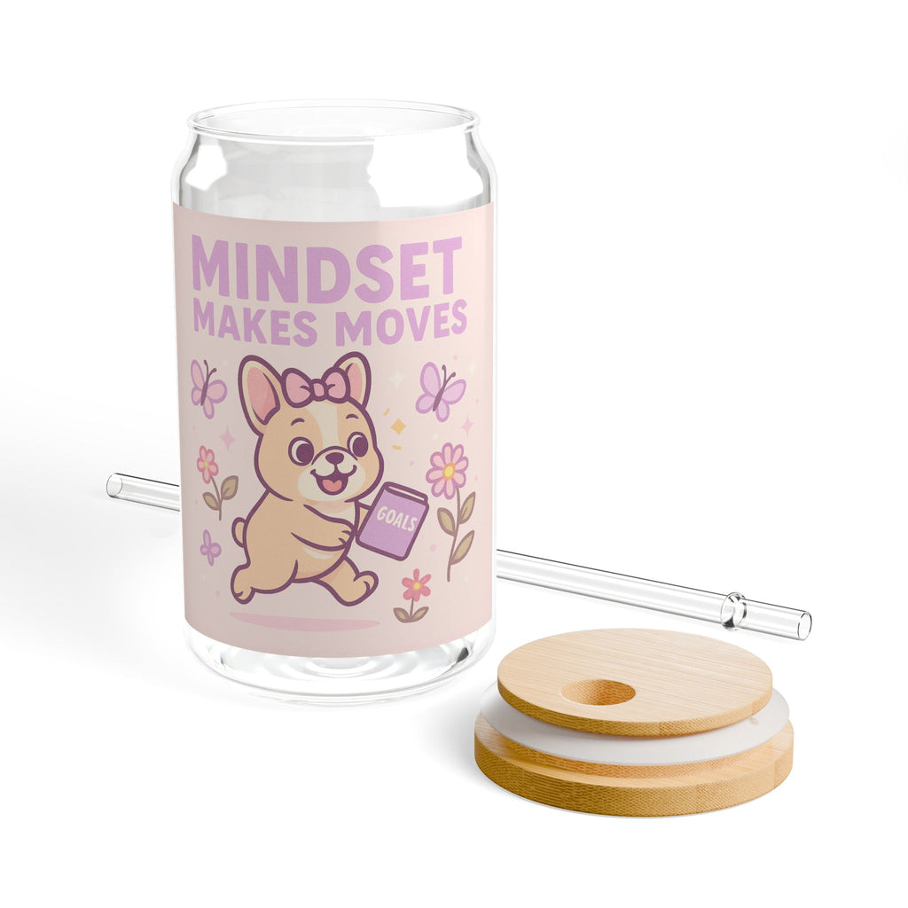 Mindset Makes Moves Glass Sipper  16oz Cute Motivational Drink Jar