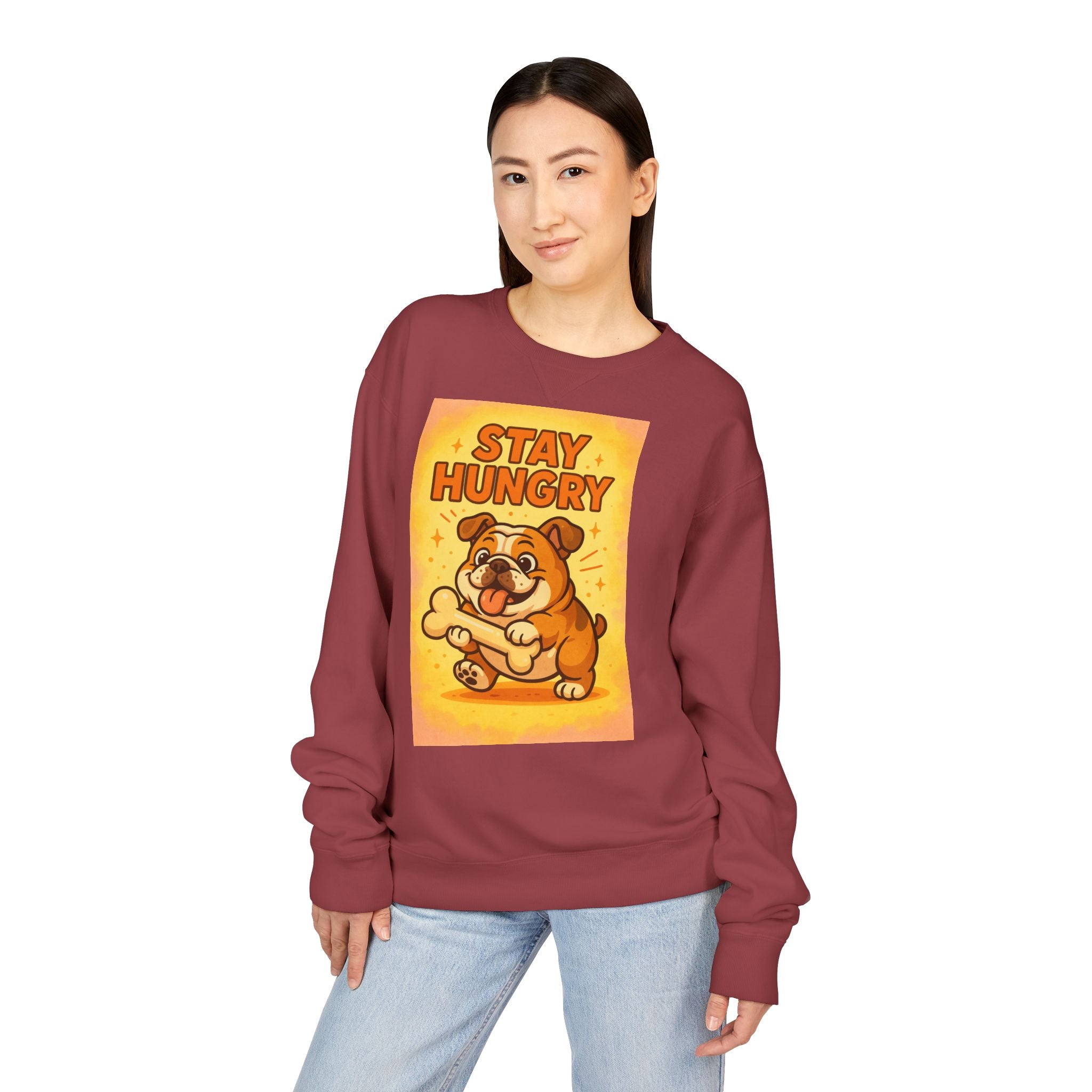 Stay Hungry Bulldog Sweatshirt, Cozy Unisex Crewneck, Dog Lover Gift, Comfy Casual Wear, Fun Pet Sweatshirt, Fall Fashion Sweater