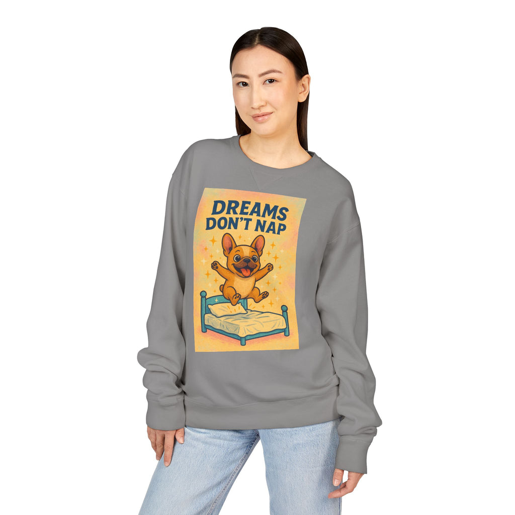 Dreams Don't Nap Sweatshirt, Cozy Crewneck, English Bulldog Lover Gift, Cute Sweatshirt, Fun Loungewear, Birthday Gift, Relaxing Homewear