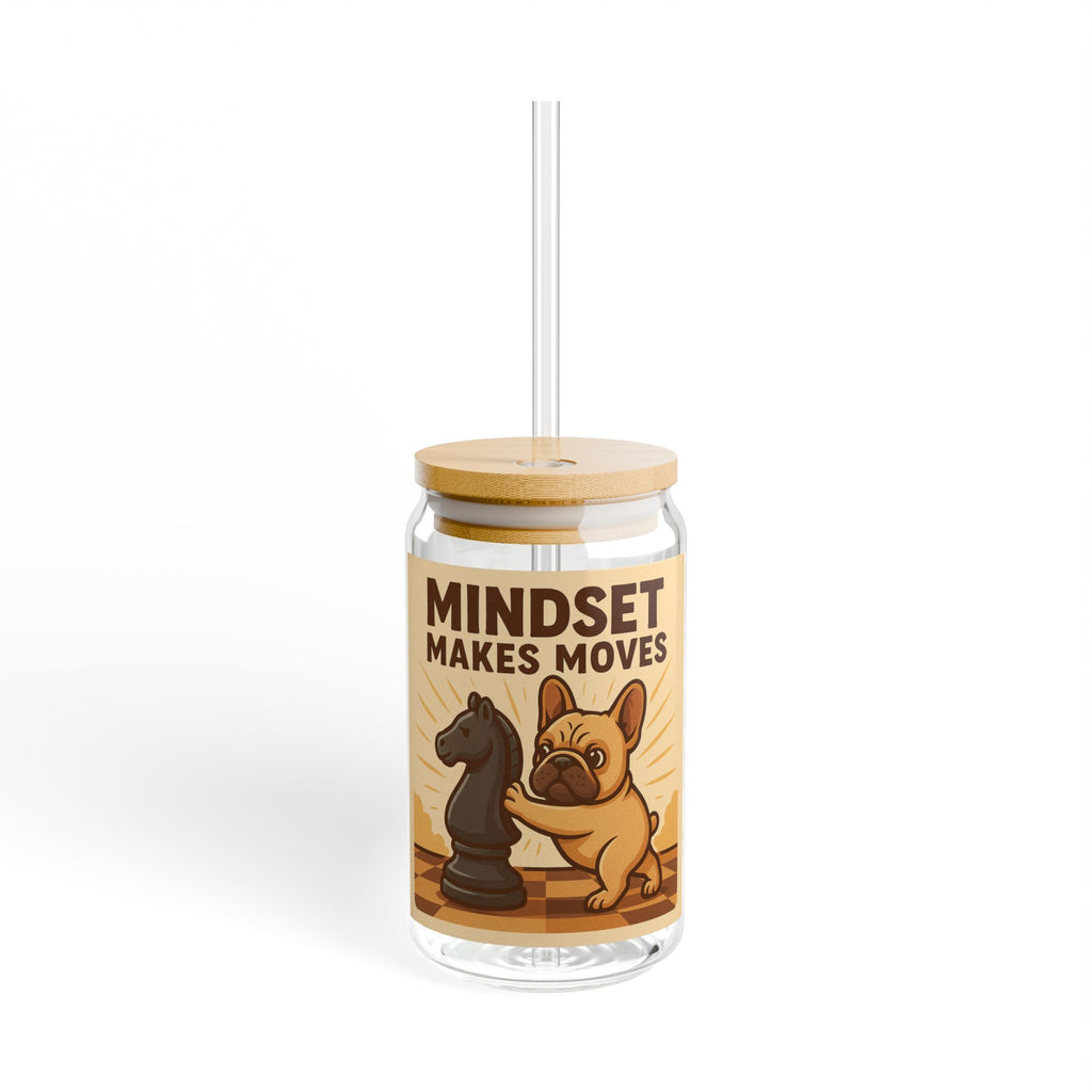 Mindset Makes Moves Sipper Glass – 16oz Motivational Chess Pug Drink Jar