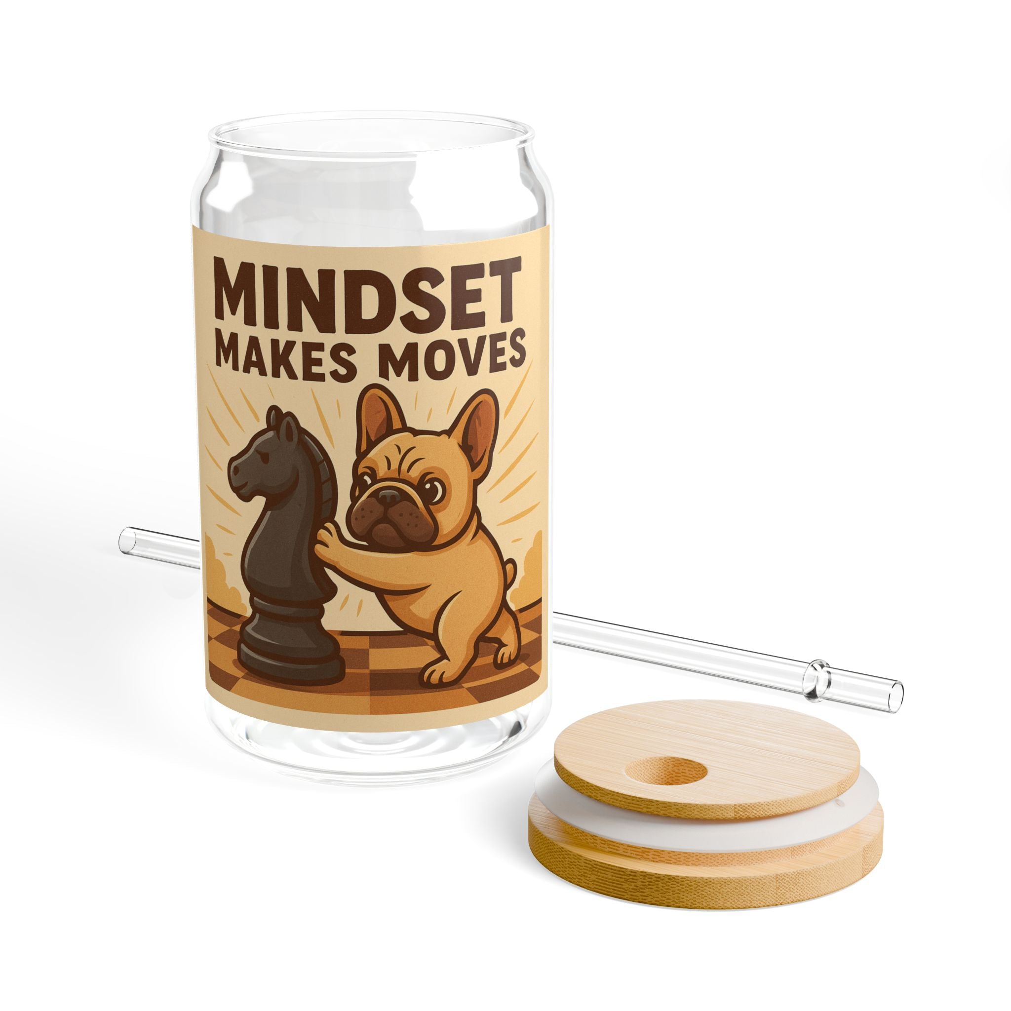 Mindset Makes Moves Sipper Glass – 16oz Motivational Chess Pug Drink Jar