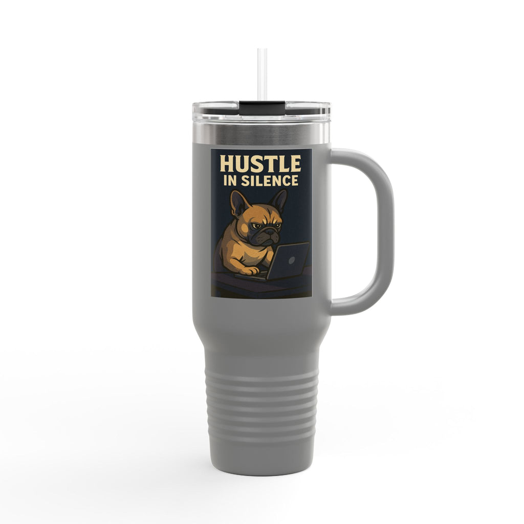 Hustle in Silence Insulated Travel Mug, 40oz - Bulldog Coffee Traveler, Dog Lover Gift,Office Mug, Inspirational Water Bottle, Motivational