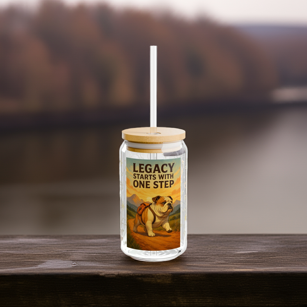 16oz Legacy Starts W/ One Step Sipper Glass with Bamboo Lid, English Bulldog, Inspiring Drinkware, Motivational Gift, Eco-Friendly Straw Cup