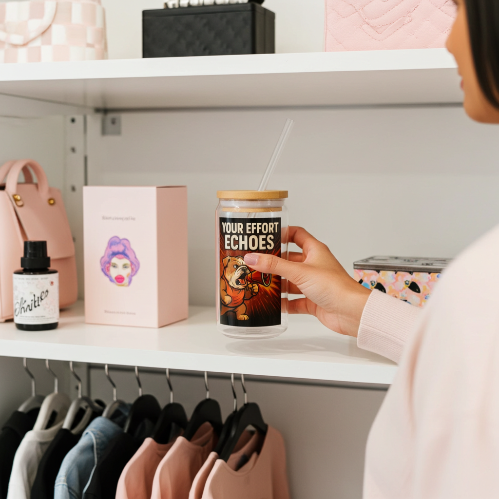 16oz Glass Sipper 'Your Effort Echoes' Bulldog Megaphone Motivational Drinkware