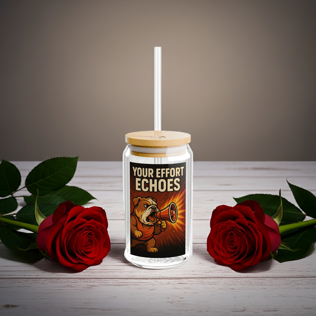 16oz Glass Sipper 'Your Effort Echoes' Bulldog Megaphone Motivational Drinkware