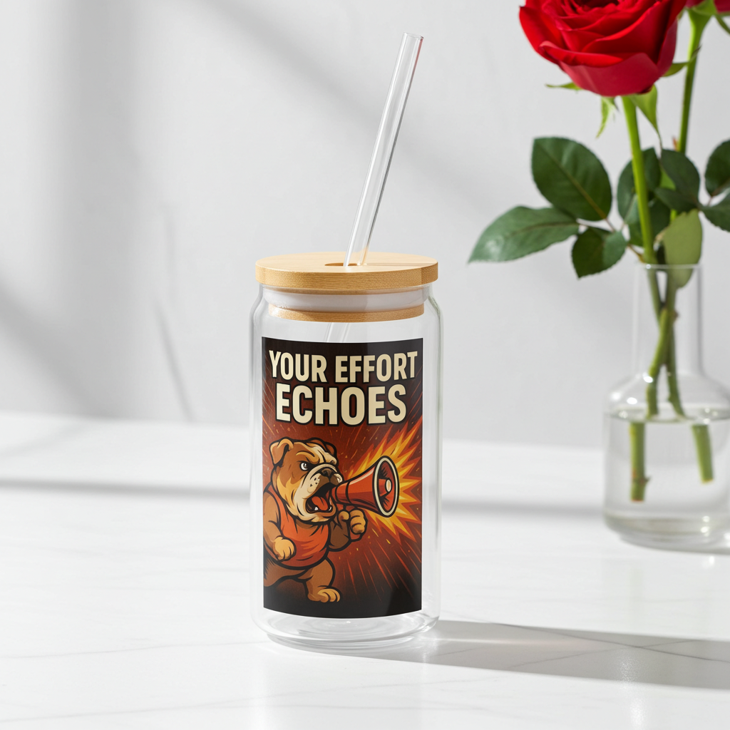 16oz Glass Sipper 'Your Effort Echoes' Bulldog Megaphone Motivational Drinkware