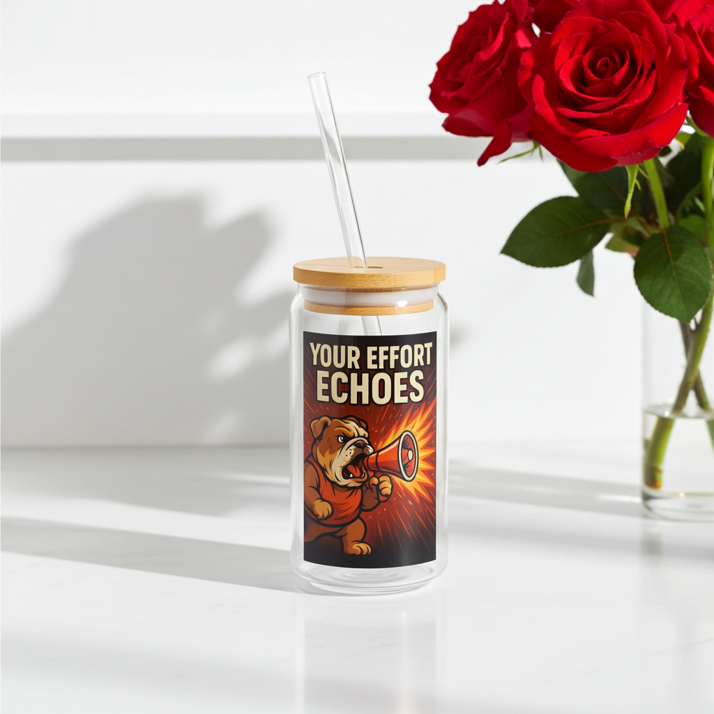 16oz Glass Sipper 'Your Effort Echoes' Bulldog Megaphone Motivational Drinkware